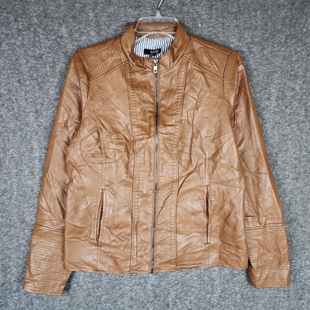 a.n.a Jacket Womens M Moto Faux Leather Cognac Brown Quilted EUC